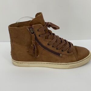 UGG high top Brown caramel tan leather sneakers shoes lace tie zipper women 8